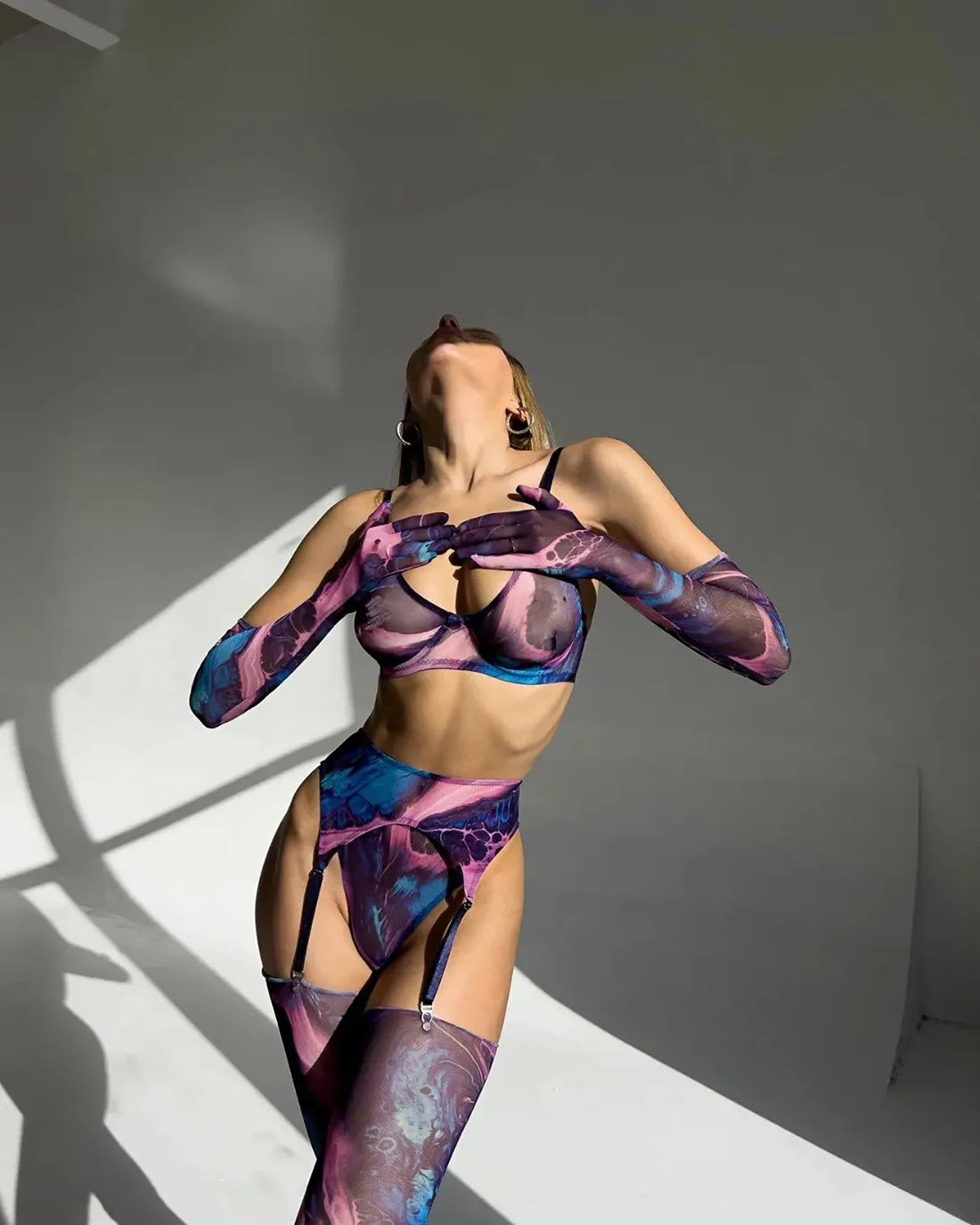 Tie Dye Lingerie With Stocking Gloves Sexy Fancy Underwear 5-Piece Uncensored Intimate See Through Mesh Sensual Outfit