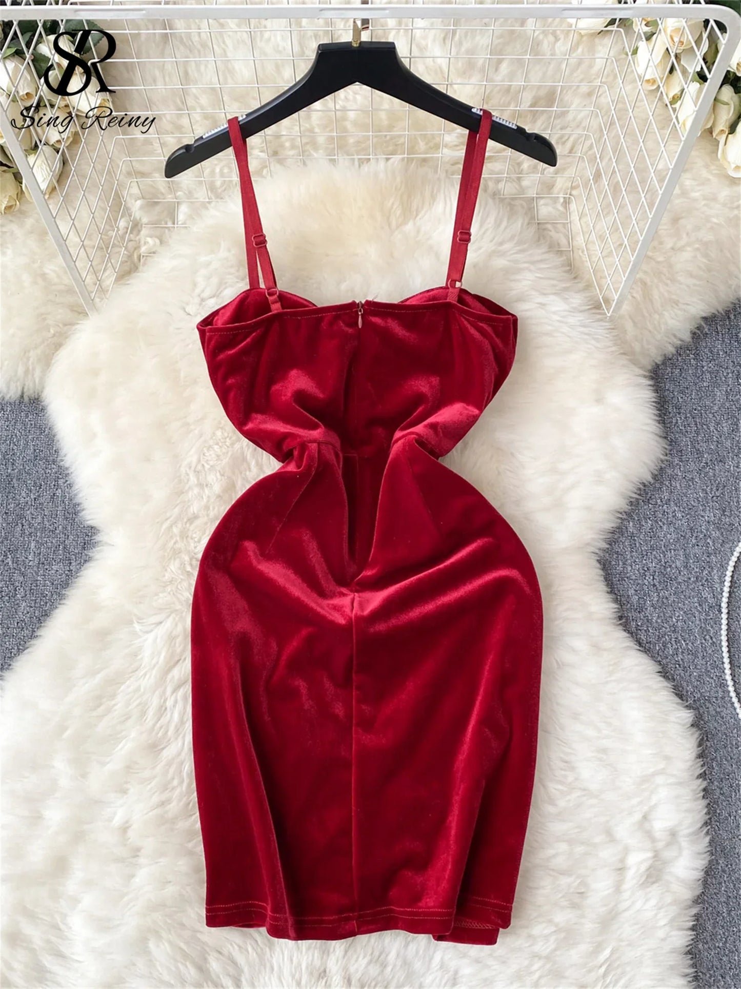 Christmas Velvet Sexy Evening Dress Rose Halter Strap Zipper Sheath 2023 Fashion Senior Sensual Night Club Outfit Wanita