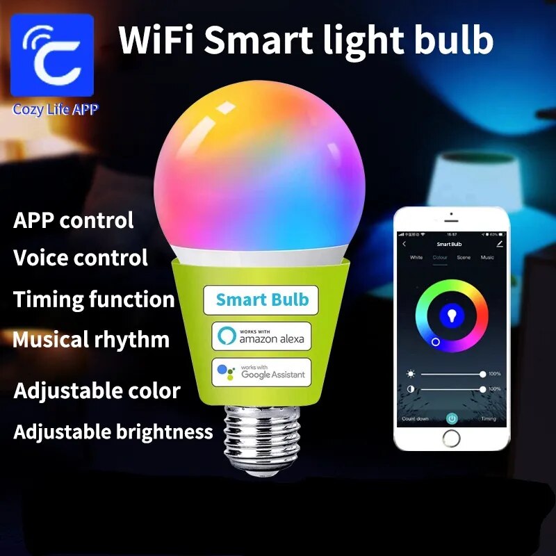 SIXWGH E27 bombilla WiFi 9W lámpara RGB inteligente función de temporizador regulable para el hogar aplicación Cozylife Cotrol compatible con Google Home Alexa