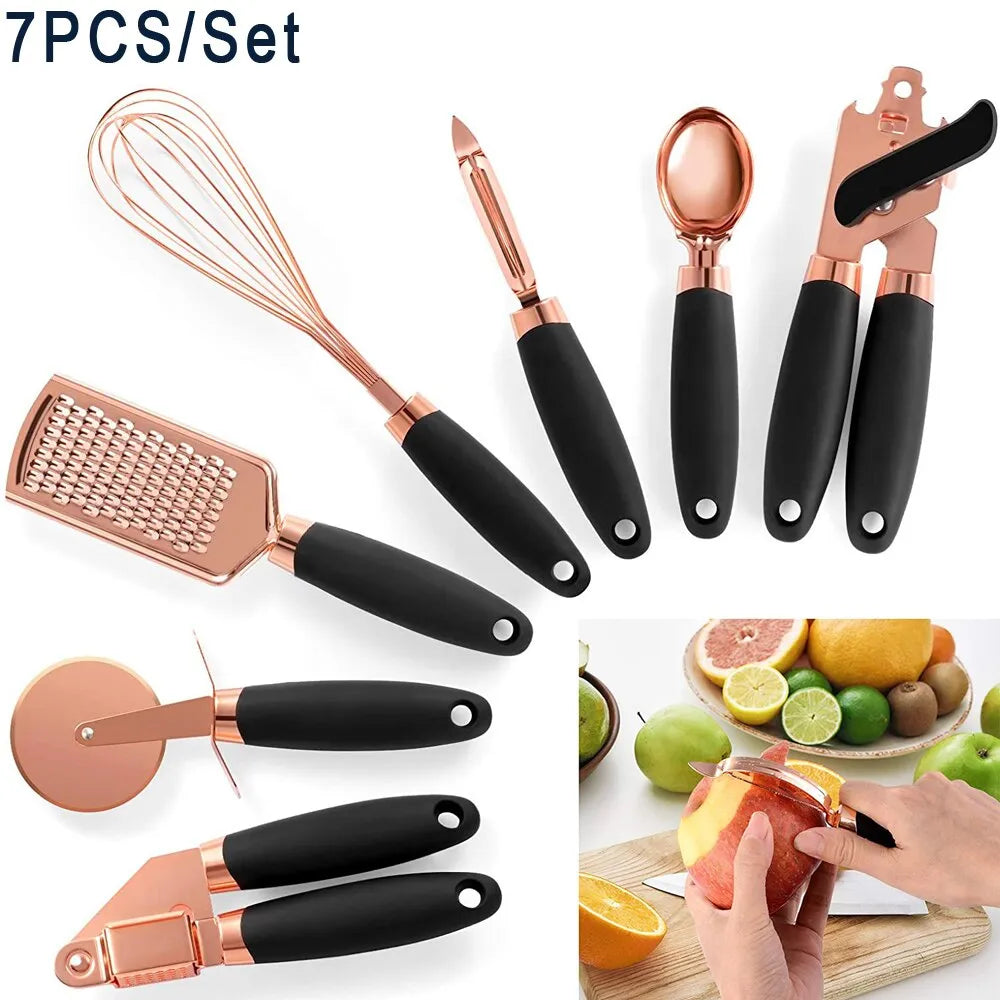 7Pcs Kitchen Gadget Set Copper Coated Stainless Steel Utensils with Soft Touch Rose Gold Garlic Press Pizza Cutter Kitchenware