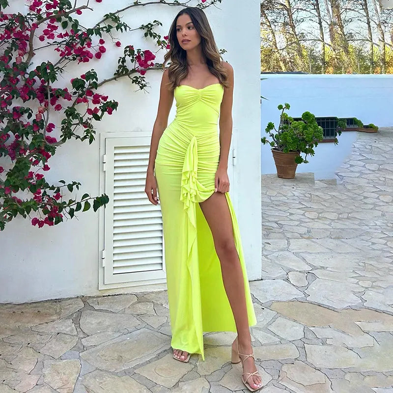 Chic Sexy Halter Lace Up Corset Ruffle Long Dress Sleeveless Ruched High Slit Vestido 2023 Summer Club Night Prom Y2K Clothes