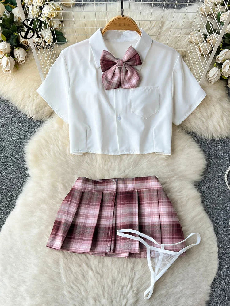 Traje de Cosplay para mujer, Camisa corta con cuello de solapa, minifalda a cuadros y tangas, ropa de dormir Sexy de estilo preppy 2023 Wanita