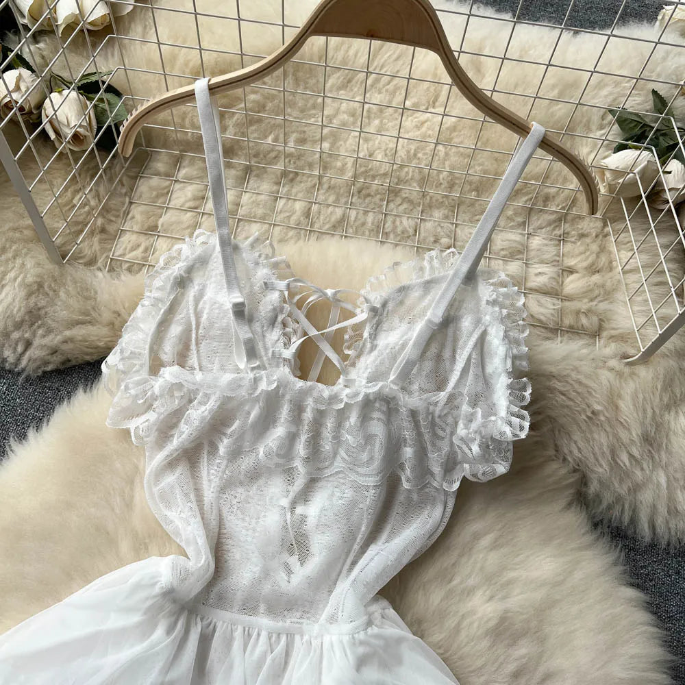 2023 Ruffles Sweet Cake Sheer Dress Women Strap Lace Up Backless Mesh Sexy Nightdress+Thongs   Nightwear Wanita