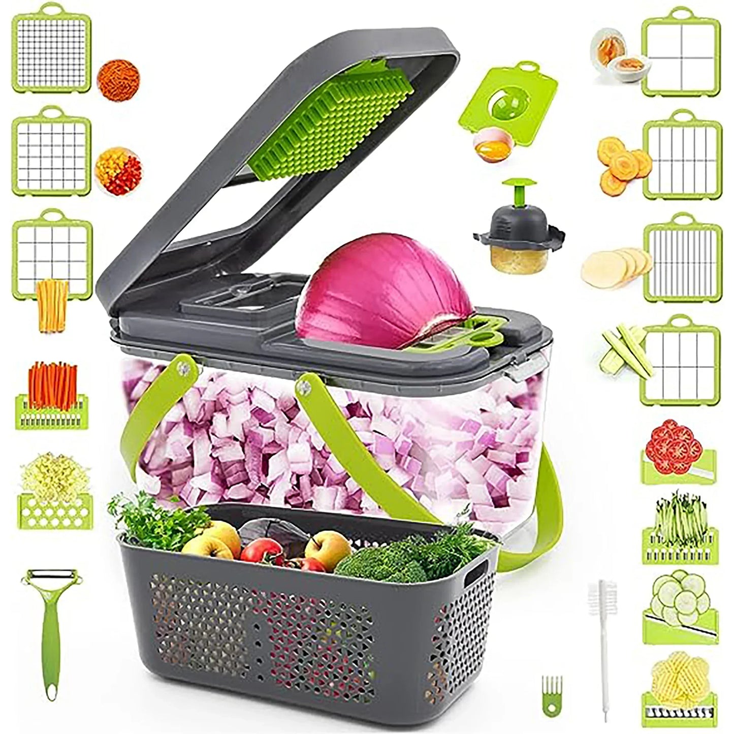 Coupe-légumes multifonctionnel 22 en 1, trancheur de fruits, carottes, pommes de terre, râpe à oignon, hachoir à ail, Gadget de rangement de cuisine