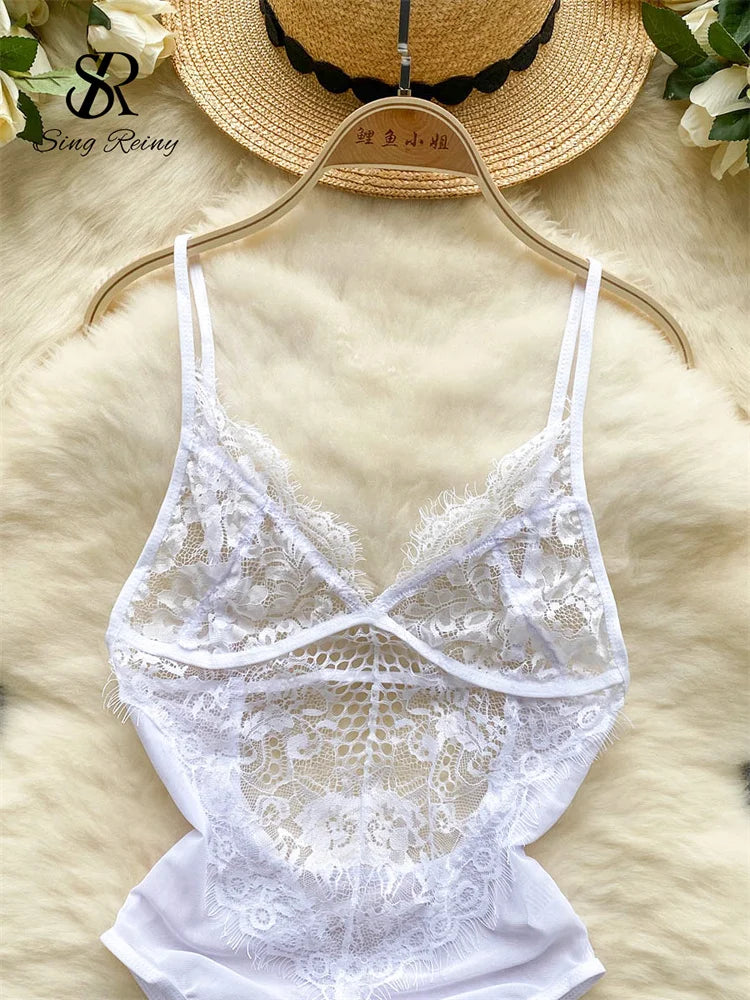 Summer Sheer Lace Playsuits Women Strap Mesh Backless Underwear Sensual Rompers 2023 Fashion Ins Beach Sexy Bodysuits Wanita