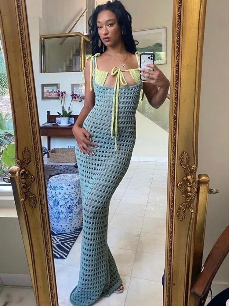 Sibybo – robe longue tricotée au Crochet, à bretelles en pierre, Sexy, transparente, pour la plage, sans manches, tenue de soirée, été