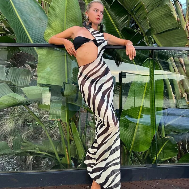 Robe de plage longue imprimée zèbre, Cover-up Sexy en maille transparente, Maxi, rayée, découpée, moulante, pour vacances, été, 2023