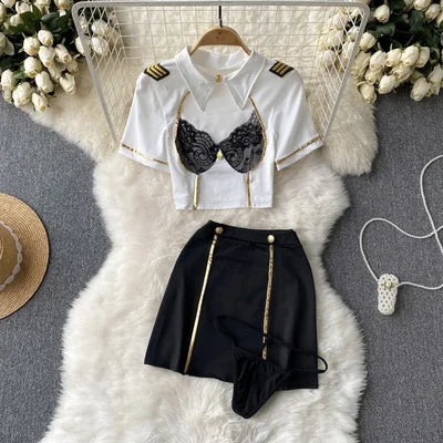 Uniform Cosplay  Night Suits Ladies Sheer Lace Mini Top+Short Skirt+Sensual Thongs Fashion  Sexy Nightwear Wanita