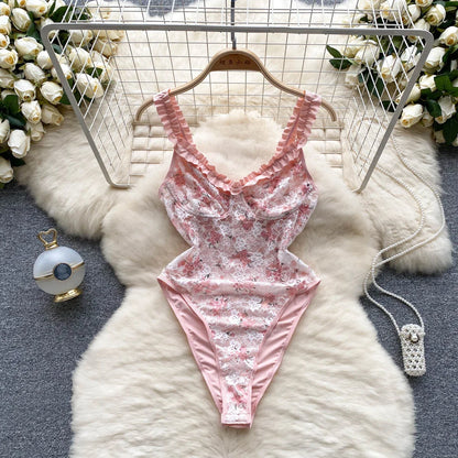 Floral Lace Bodysuits Summer Strap Sleeveless Ruffles Slim Mesh Rompers 2023 Fashion Backless Sexy Underwear Playsuits Wanita