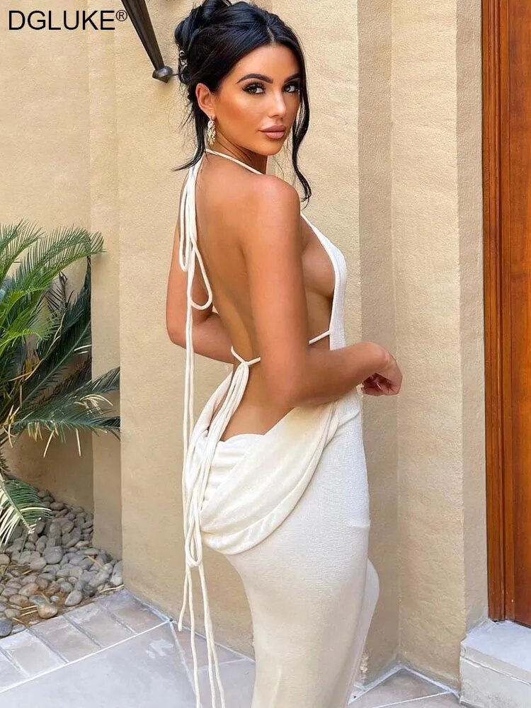 Robe longue blanche dos nu pour femmes, tenue de plage Maxi élégante, pour fête d'anniversaire, soirée, mariage, Cocktail, été, 2023