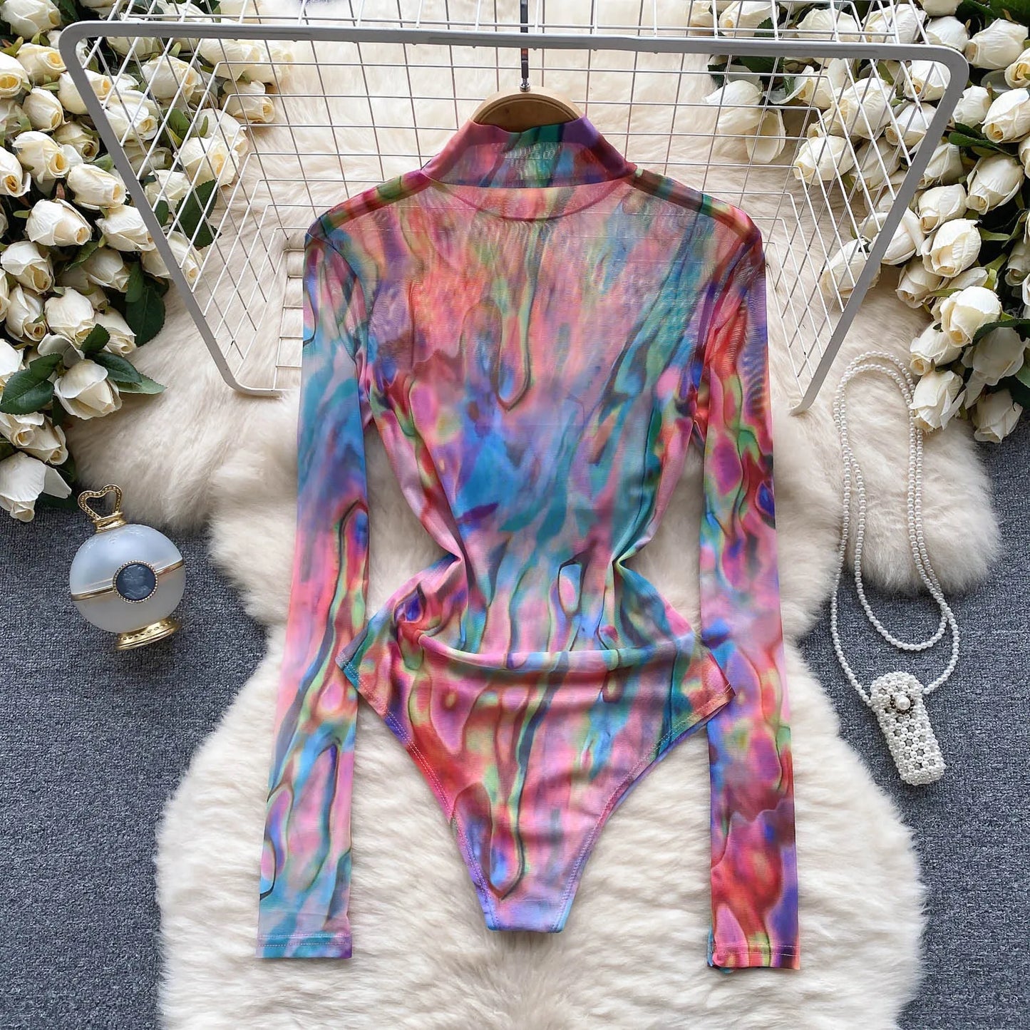 2023 Transparent Mesh Sexy Bodysuits Printing And Dyeing Open Crotch Sheath Rompers Fashion Sheer Print Slim Playsuits Wanita