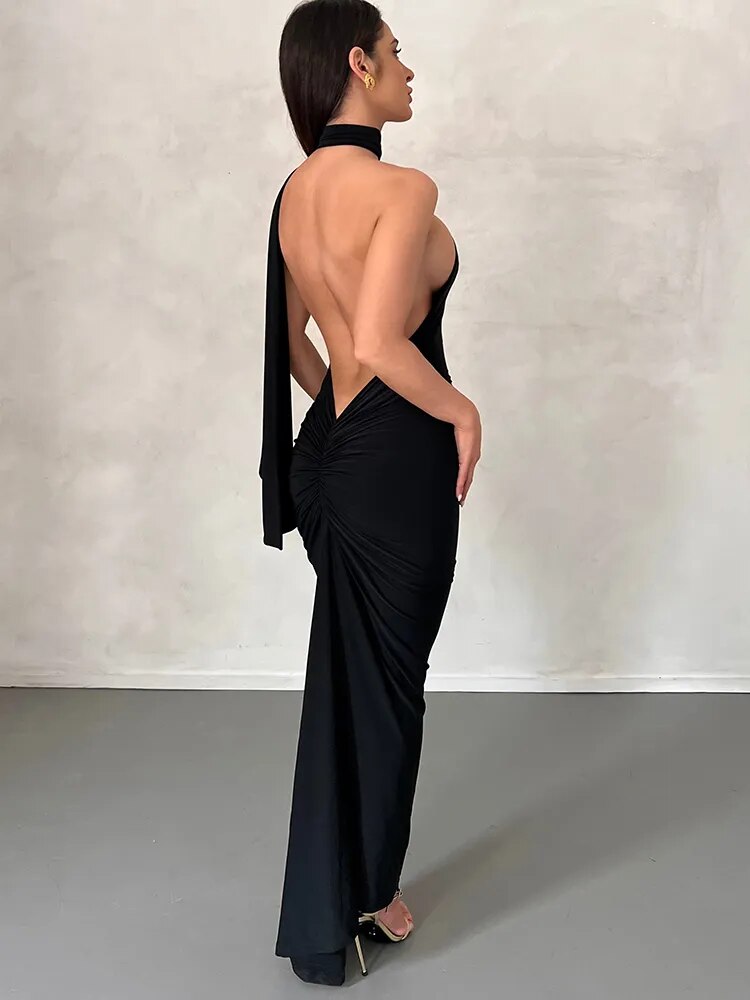 Halter Backless Maxi Dresses For Women Summer 2023 Elegant Mermaid Long Party Evening Dress  Ruched Bodycon Dress White