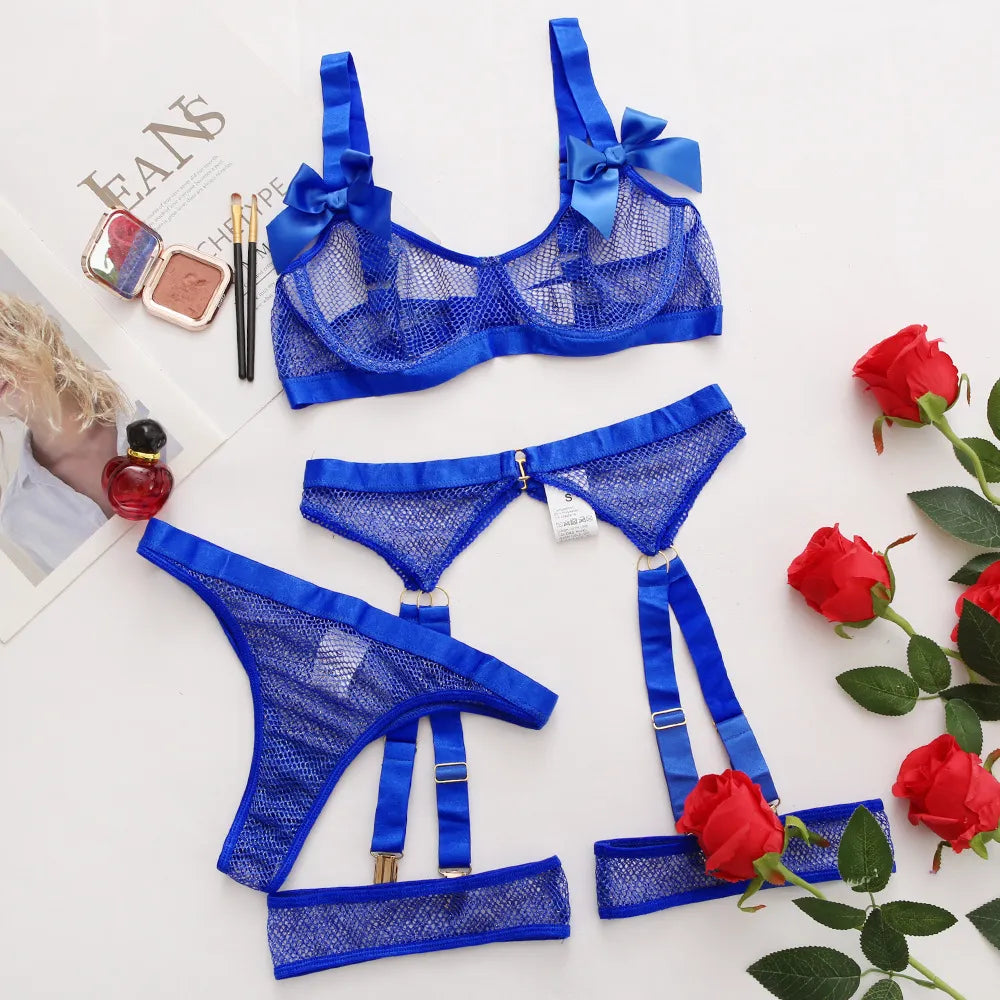 Lingerie Sexy néon avec chaussettes, sous-vêtements transparents en dentelle avec nœud papillon, maille transparente, ensembles transparents, 5 pièces