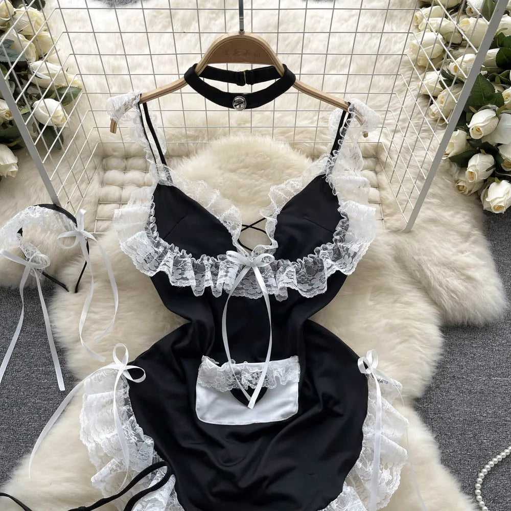 Maidservant Cosplay Lace Nightwear Suits Women Rufflest  Mini Dress+Thongs 2023 Japan Style  Sexy Nightdress Wanita