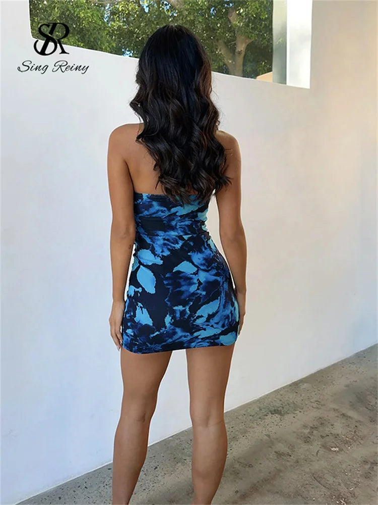 Wanita – robe de plage ajourée, Sexy, col licou, Slim, Mini robe de soirée, Streetwear, imprimé Floral, moulante, été, 2023