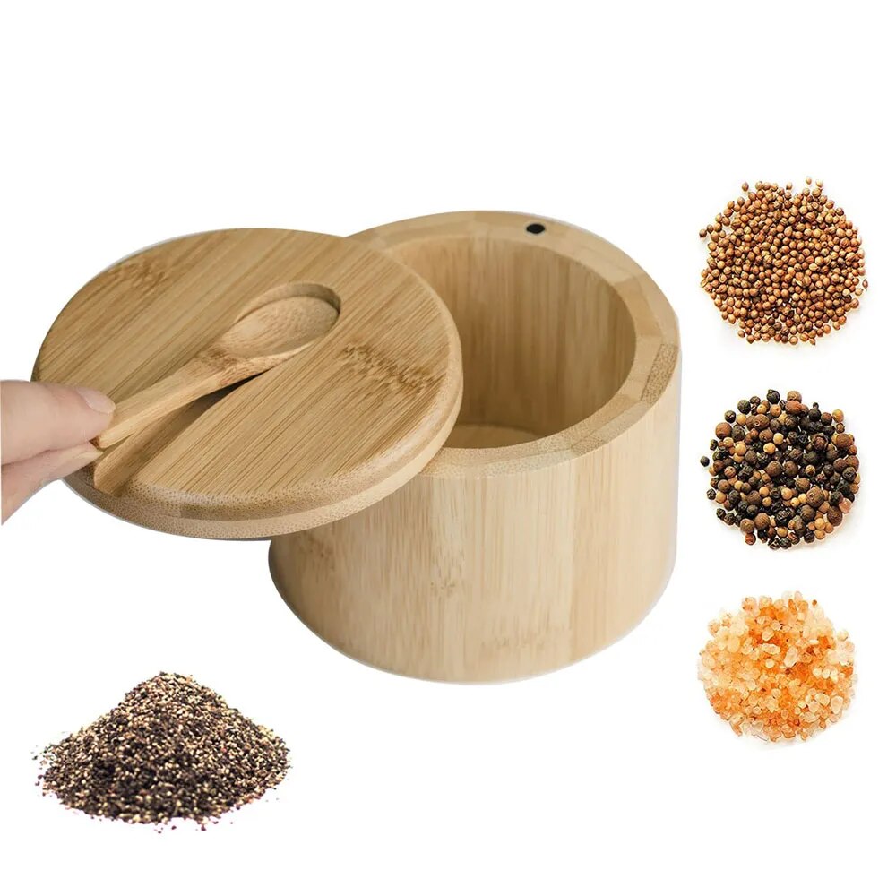 Bamboo Salt Container Spoon Seasoning Jar With Swivel Magnetic Closure Lid to Keep Dry To Storage Pepper Spice Cellar Holder