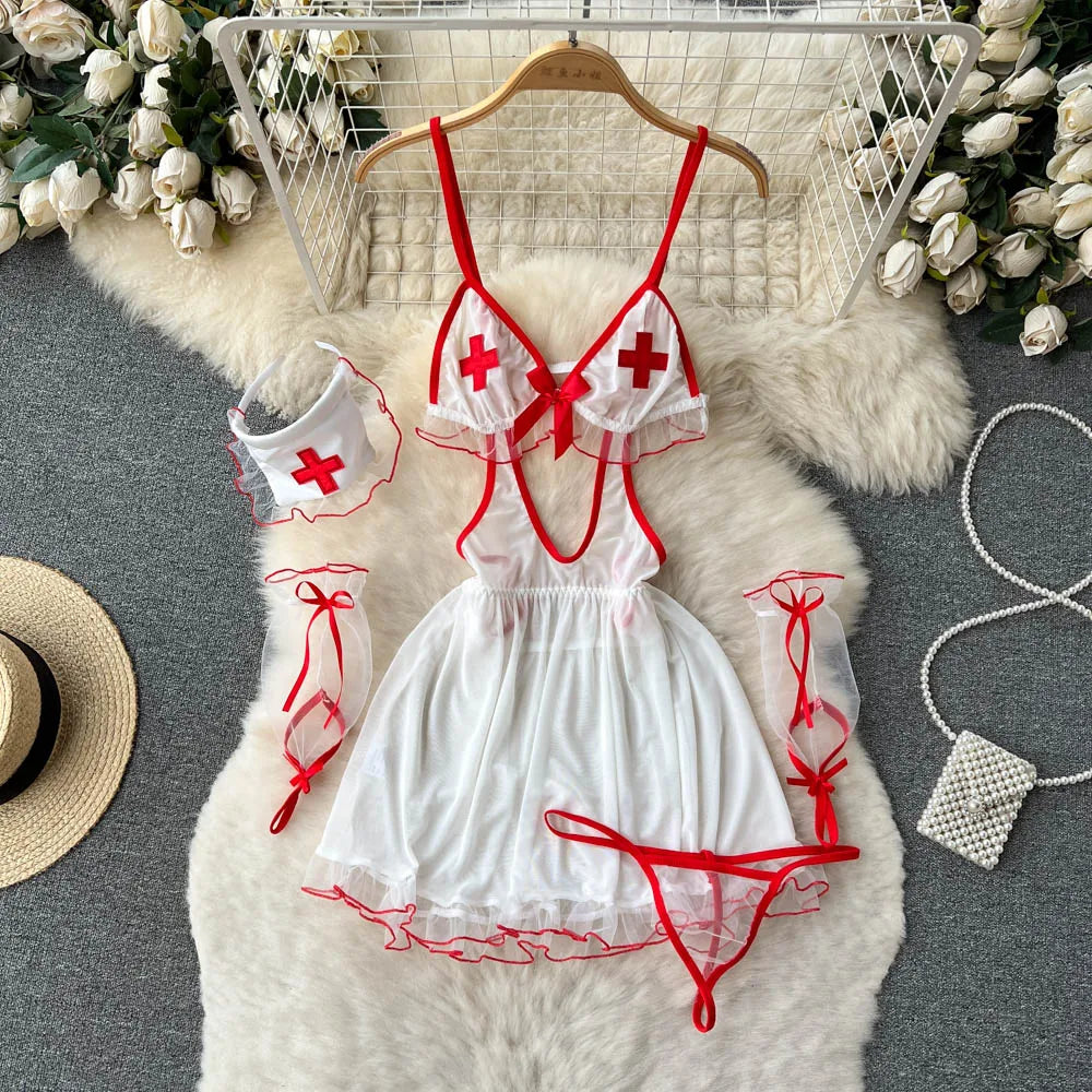 Nurse Cosplay Mesh Sexy Nightwear Women Strap Elastic Mini  Pajamas Dress+Thongs Backless Sensual Night Dress Wanita