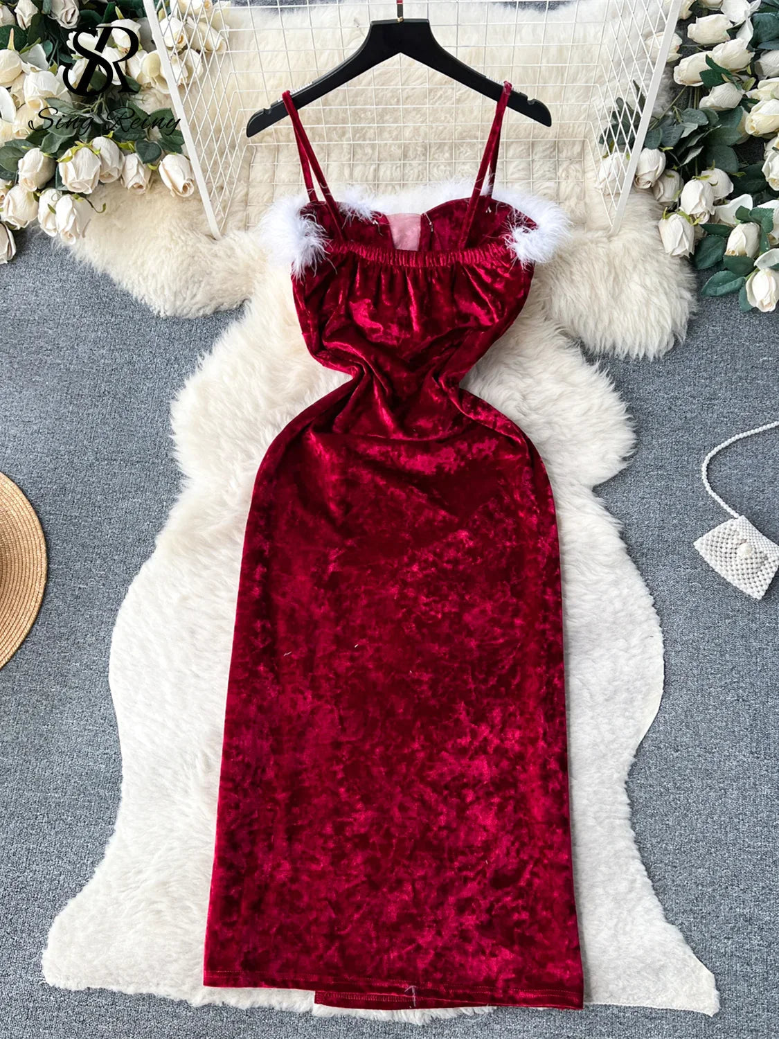 2023 Christmas Party Long Dress Strap Velvet Fluffy Off Shoulder Night Club Outfit Fashion Women Sexy Split Bodydress Wanita