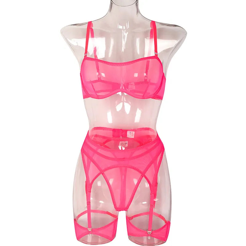 Ropa interior Sexy de 3 piezas para mujer, lencería transparente, conjunto de sujetador y bragas, ropa íntima de encaje, traje fino sin costuras