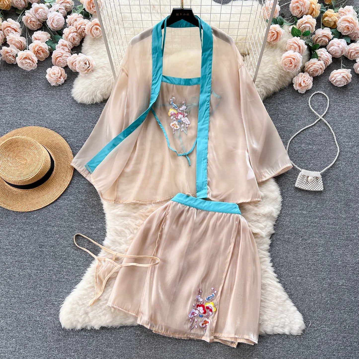 Wanita – costume de nuit brodé Vintage pour femme, Camis ample à fleurs + Mini jupe + tongs, Style chinois, Cosplay, vêtements de nuit transparents