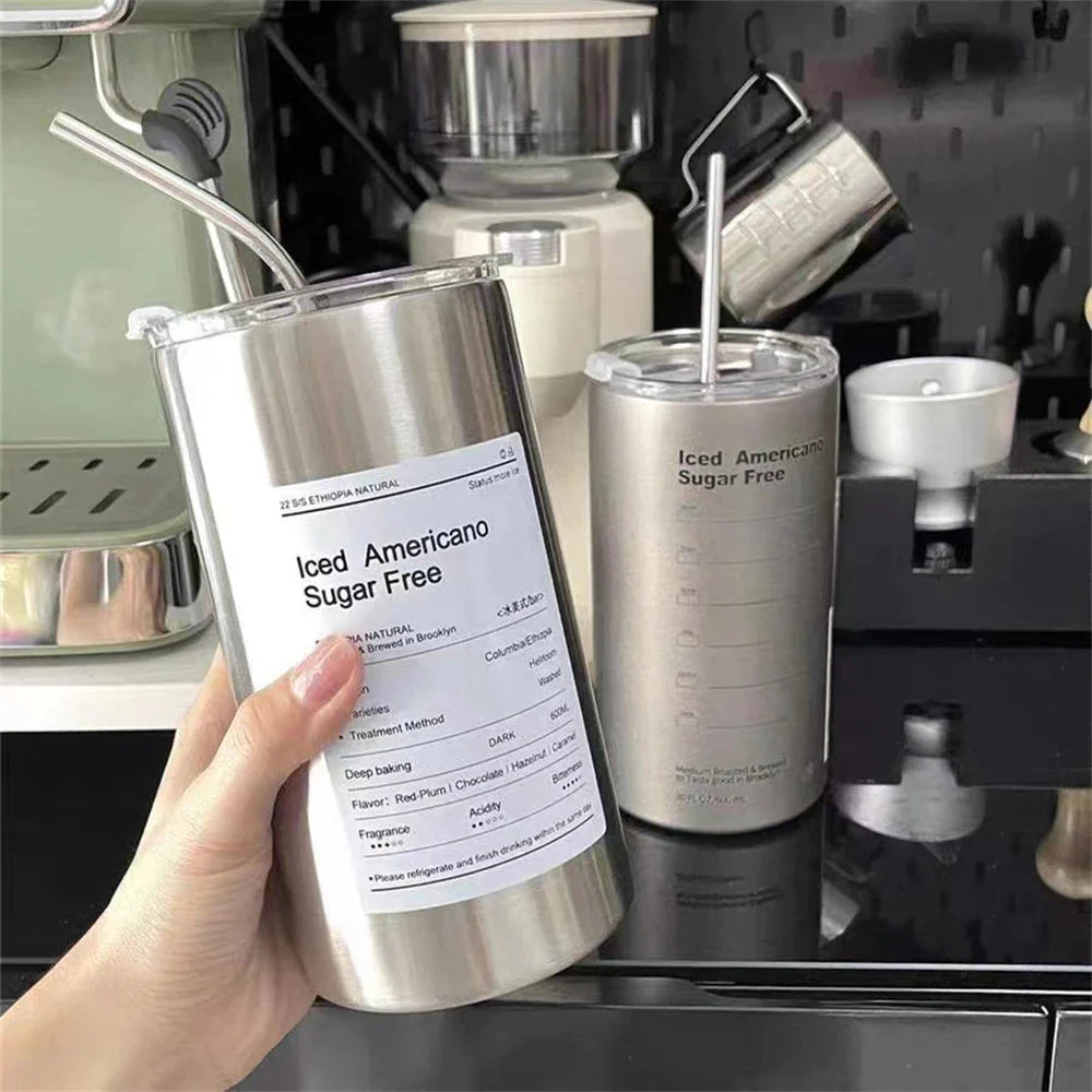 Coffee Cup Thermos 304 Stainless Steel Double -layer Cooler Straw Cup Portable Reusable Ins Ice American Coffee Mug Water Bottle