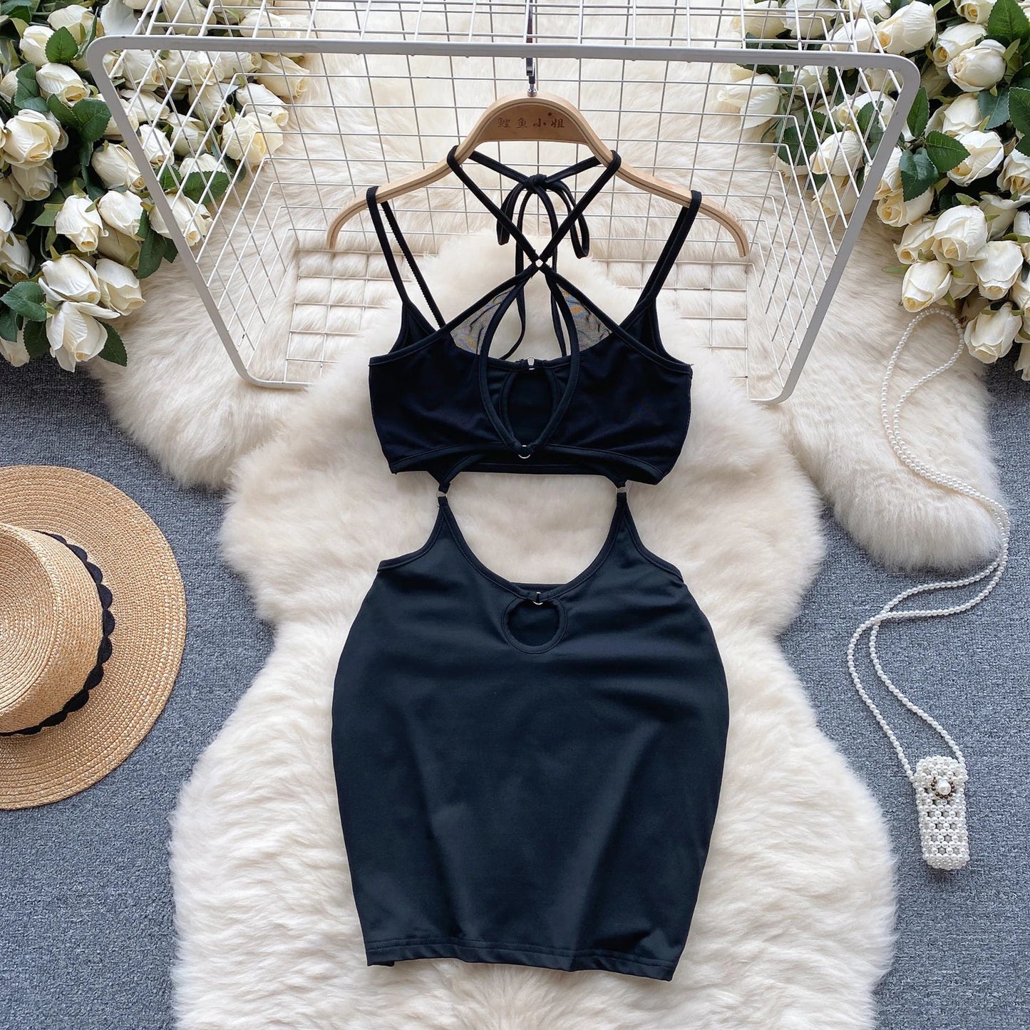 Sensual Mesh Slim Mini Dress Halter Lace Up Cross  Backless Sleepwear 2023 Hotsweet  Hollow Out Bodydress Wanita