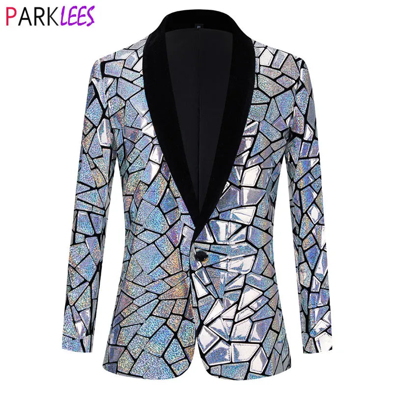 Veste de smoking de luxe à paillettes Laser pour hommes, veste à revers châle à un bouton, Costume de fête, scène, bal, Costume de chanteur