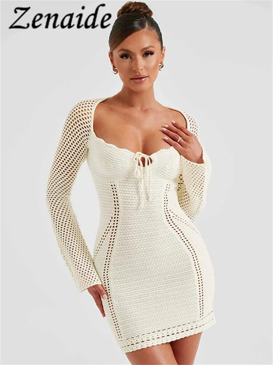 Zenaide – robe Mini à manches longues, ajourée, Sexy, transparente, tricotée, Crochet, dos nu, tenue de soirée, automne 2023