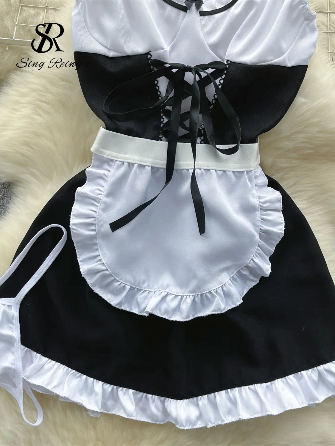 2023 Maid Uniform Sexy Nightsuits Hollow Out Backless Ruffles Lace Up Bow Mini Dress+Thongs Cosplay   Suits Wanita