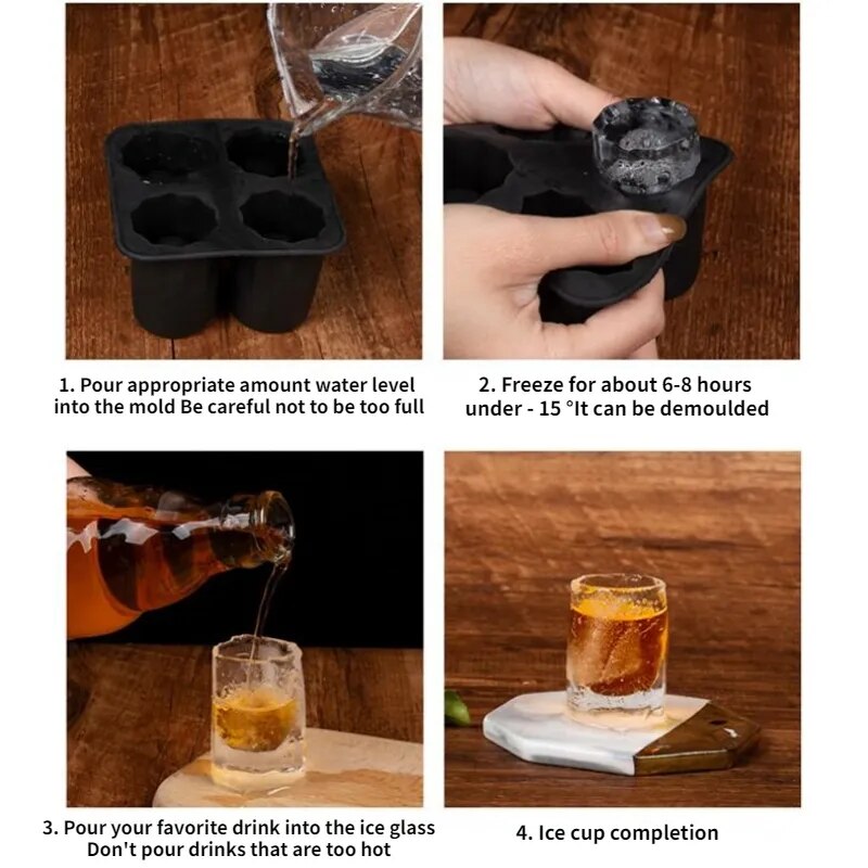 4 Grids Ice Cup Mold Silicone Ice Cube Tray Ice Mould Ice Shot Glass Mold Ice Maker Summer Drinking Tool Ice Cube Maker Mold