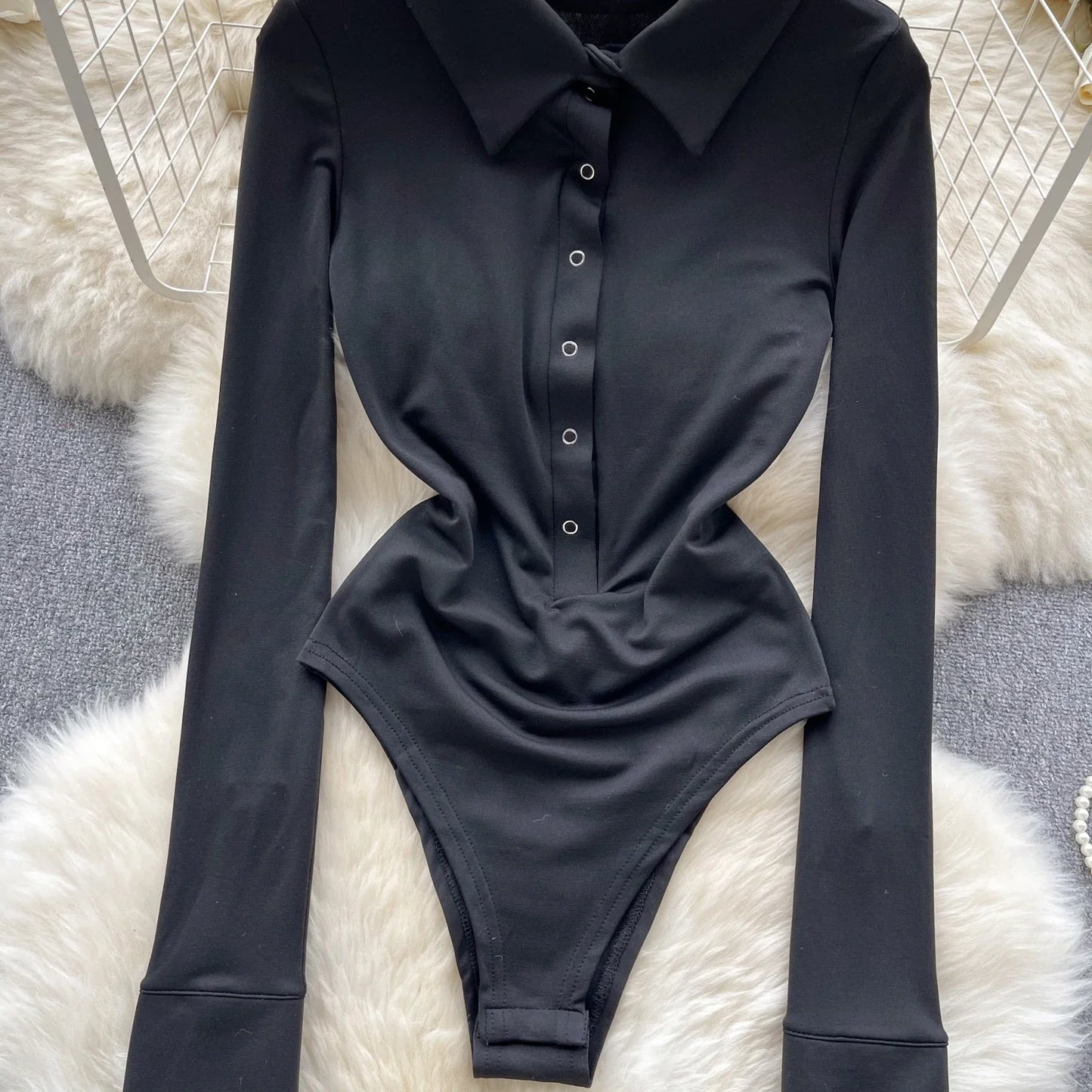 2023 Women Streetwear Sexy Bodysuits Button Polo Collar Long Sleeved Y2K Outwear Fashion Open Crotch Slim Playsuits Wanita