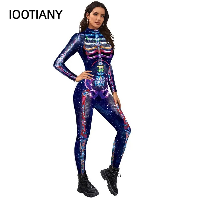 IOOTIANY 7 Colors 3D Skull Skeleton Printed Bodysuit Halloween Costume For Women Outfit Fancy Dress Clothing Adult Suit S-XL