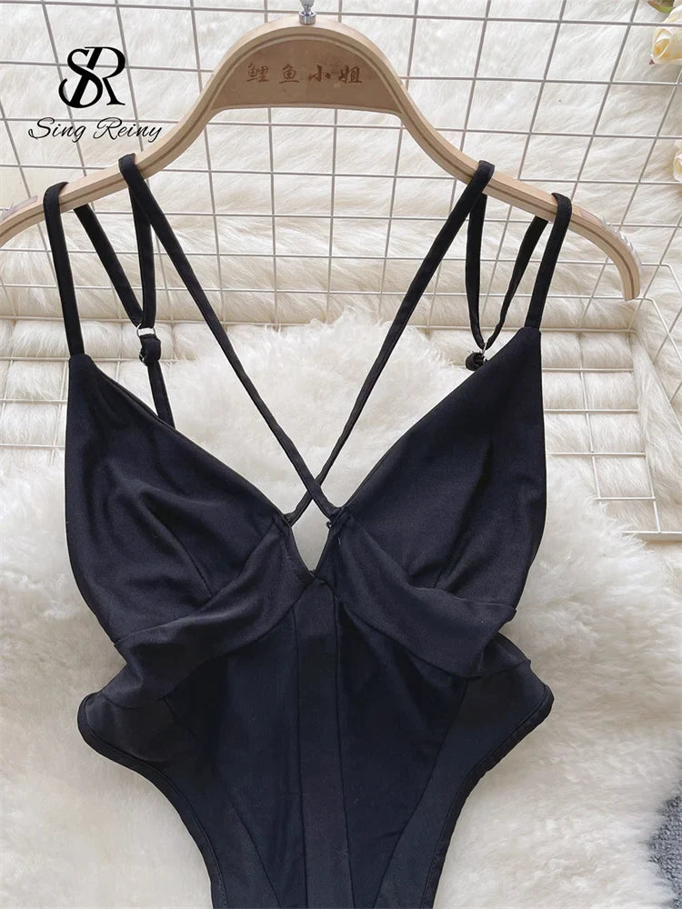 2023 Sexy Sheer Bodysuits Women Strap Cross backless  Swimsuits Fashion Mesh Patchwork Slim  Playsuits Wanita