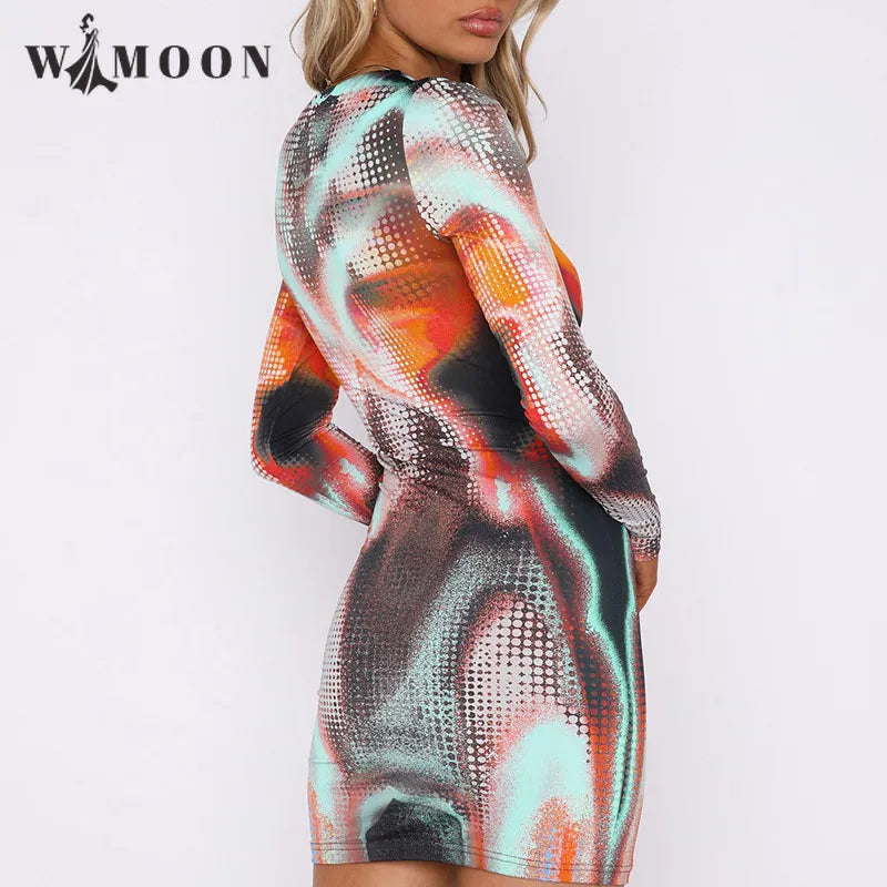 Y2K Fashion 3D Colorful Print Elastic Dress Women 2023 Spring Summer Long Sleeve Dresses Party Club Ladies Bodycon Vestidos