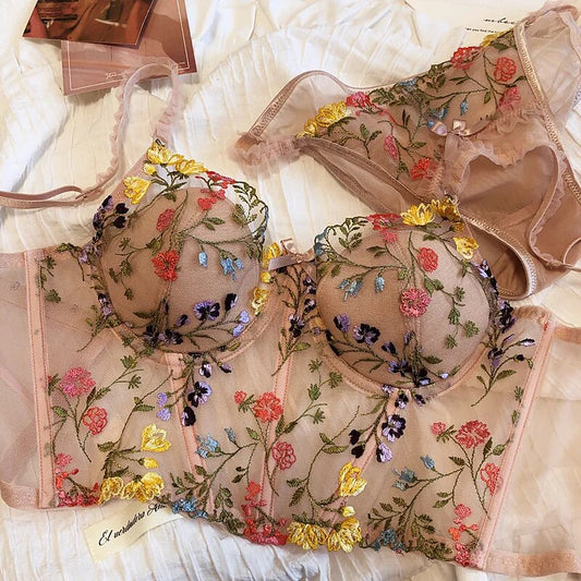 Lencería sexy Hada Floral Bordado Ropa interior acolchada Conjunto de encaje Mujer 2 piezas Trajes de lujo íntimos