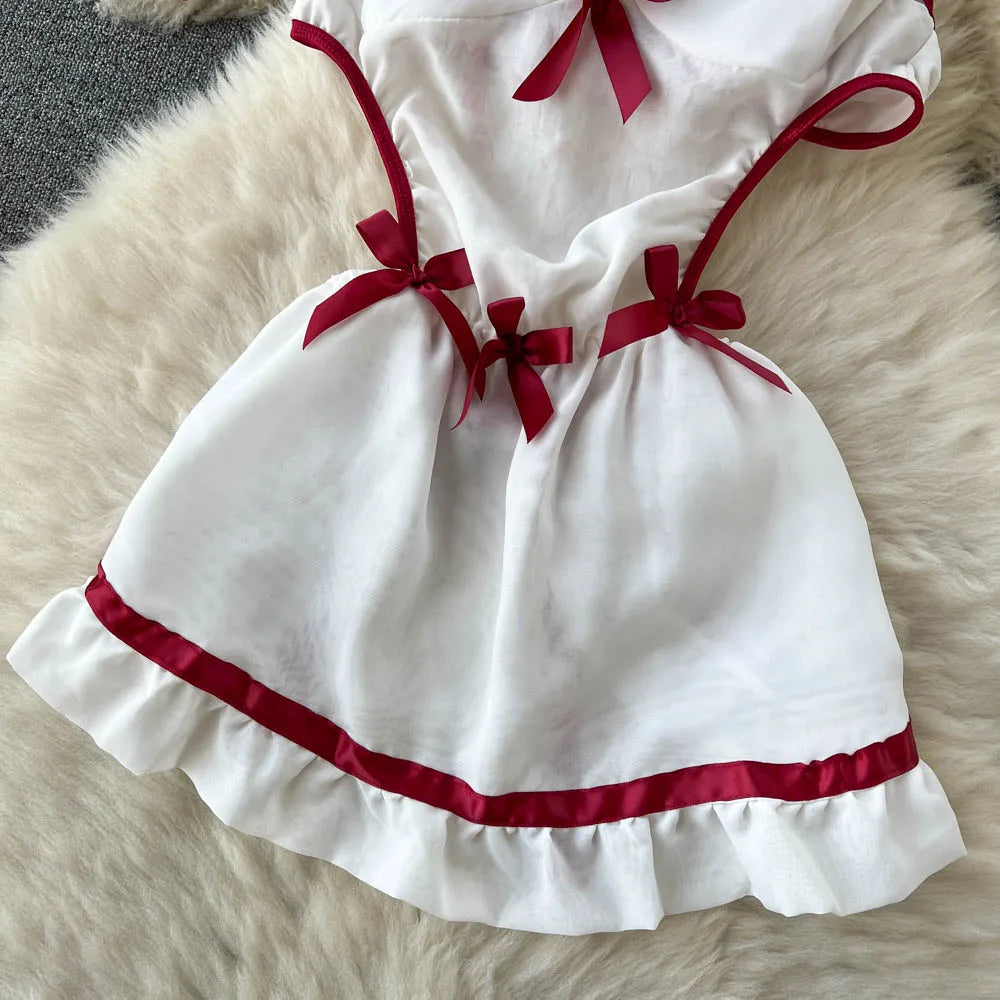 Wanita – uniforme de demoiselle d'honneur Cosplay, chemise de nuit Sexy, dos nu, dos nu, nœud ajouré, Mini robe + tongs, Mini costumes de nuit