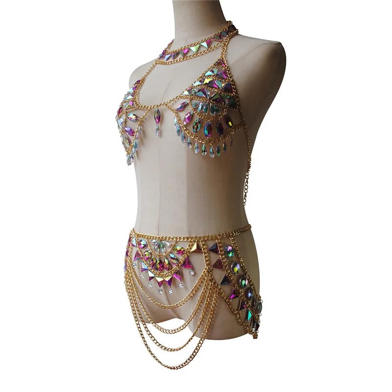 Tenues Sexy pour femmes, Mini jupe à pampilles en cristal brillant, danse du ventre, chaîne corporelle, haut court, Festival, Rave, fête, Clubwear, ensemble assorti