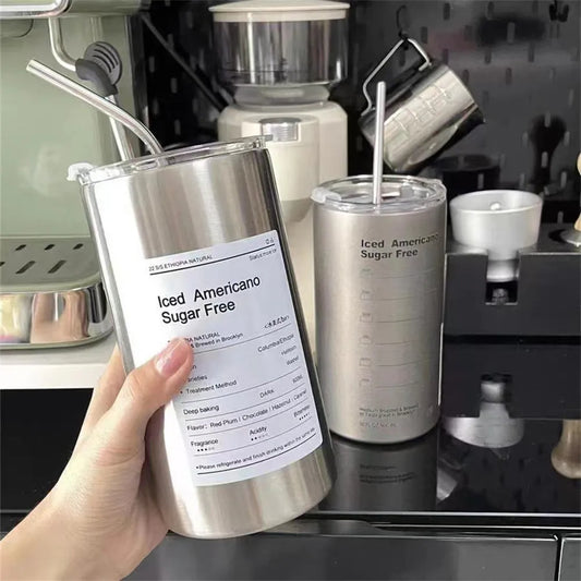 Coffee Cup Thermos 304 Stainless Steel Double -layer Cooler Straw Cup Portable Reusable Ins Ice American Coffee Mug Water Bottle