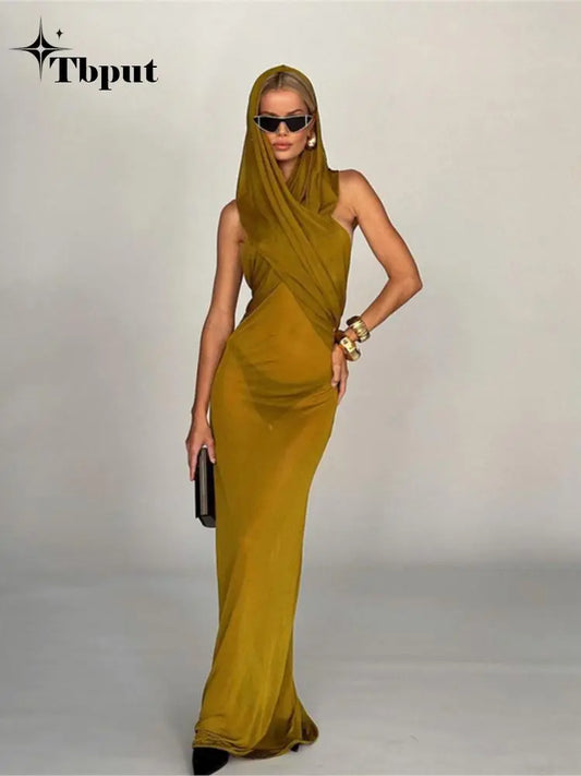 Fashion Cross Hooded Dress Women Sleeveless Backless Skinny Long Dresses 2023 Summer Elegant Party Club Solid Bodycon Vestidos