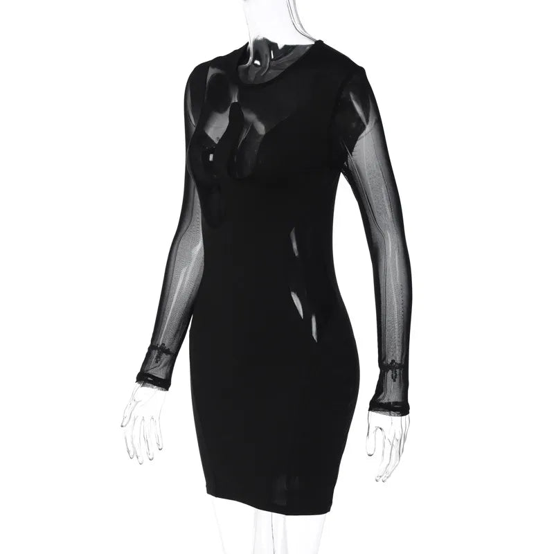 Long Sleeve Mesh Patchwork Bodycon Mini Dress Women Party Club Tight Short Dresses 2023 Autumn Female Clothing Streetwear Black