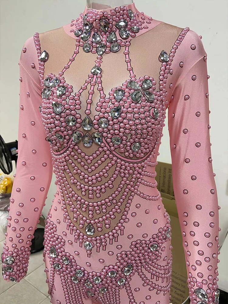 2023 Pink Crystals Jumpsuit Bling Glass Diamond Skinny Elastic Bodysuit Bar Female Singer Stage Costume Birthday Party Wear