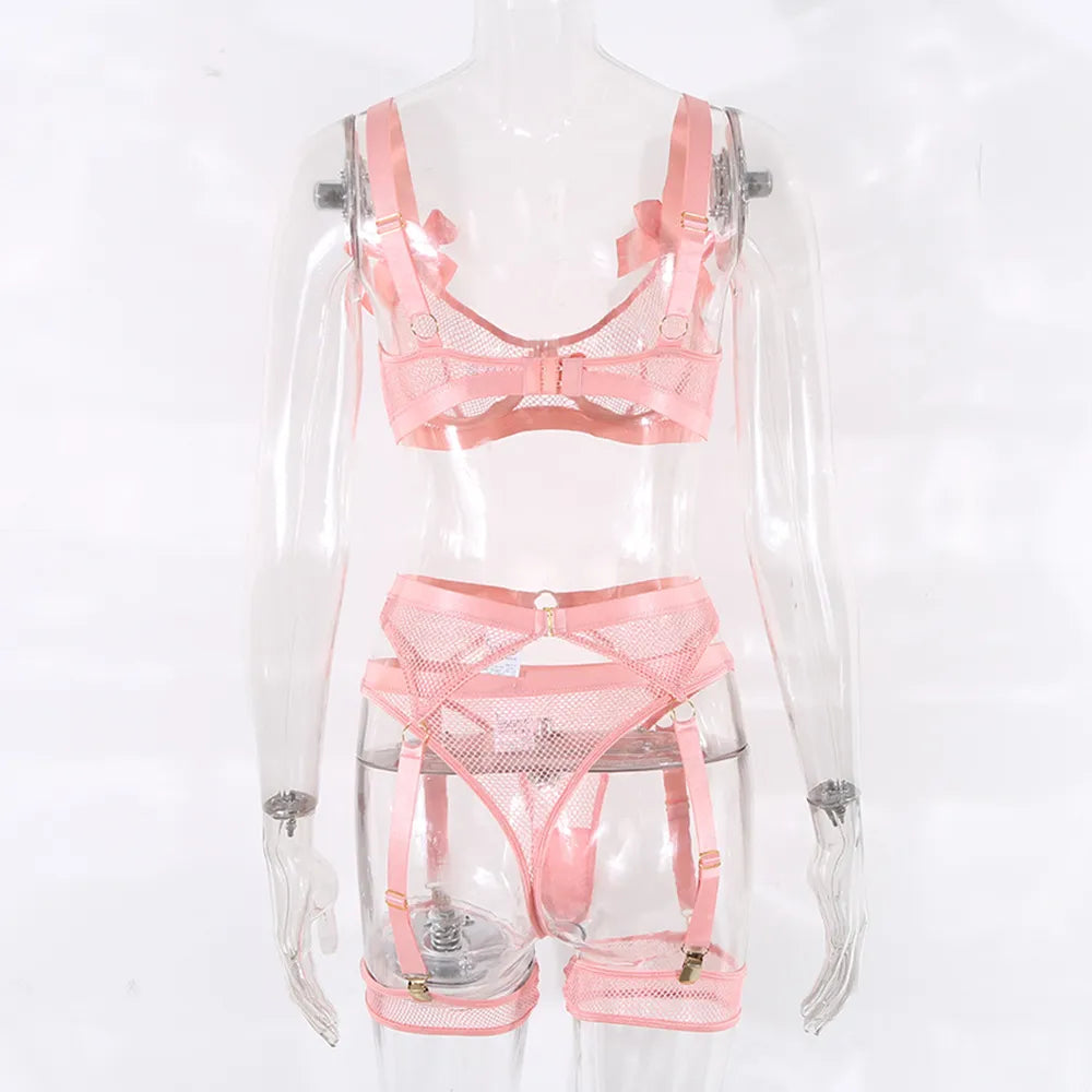 Lingerie Sexy néon avec chaussettes, sous-vêtements transparents en dentelle avec nœud papillon, maille transparente, ensembles transparents, 5 pièces