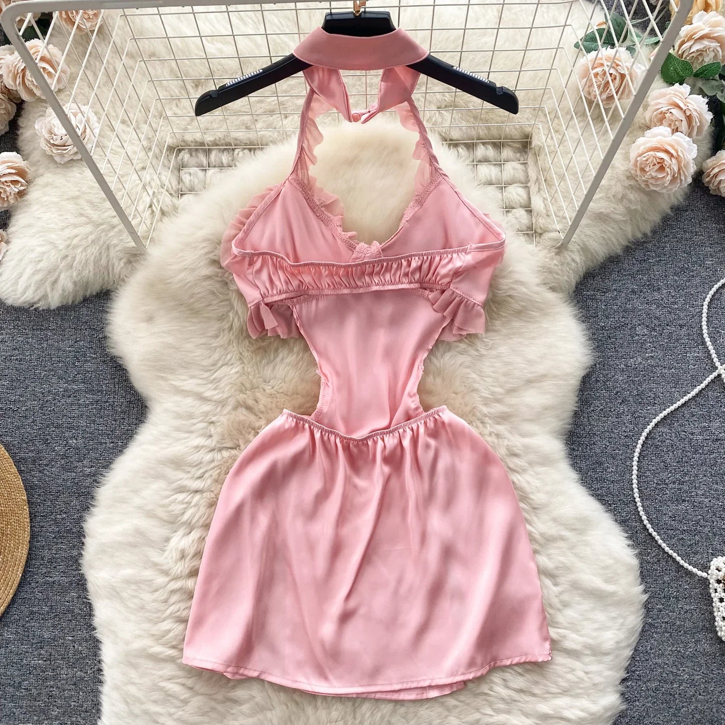 Sensual Ruffles Mini Halter Dress Women Hollow Out Backless Slim Split Nightdress Fashion Sexy   Nightwear Wanita