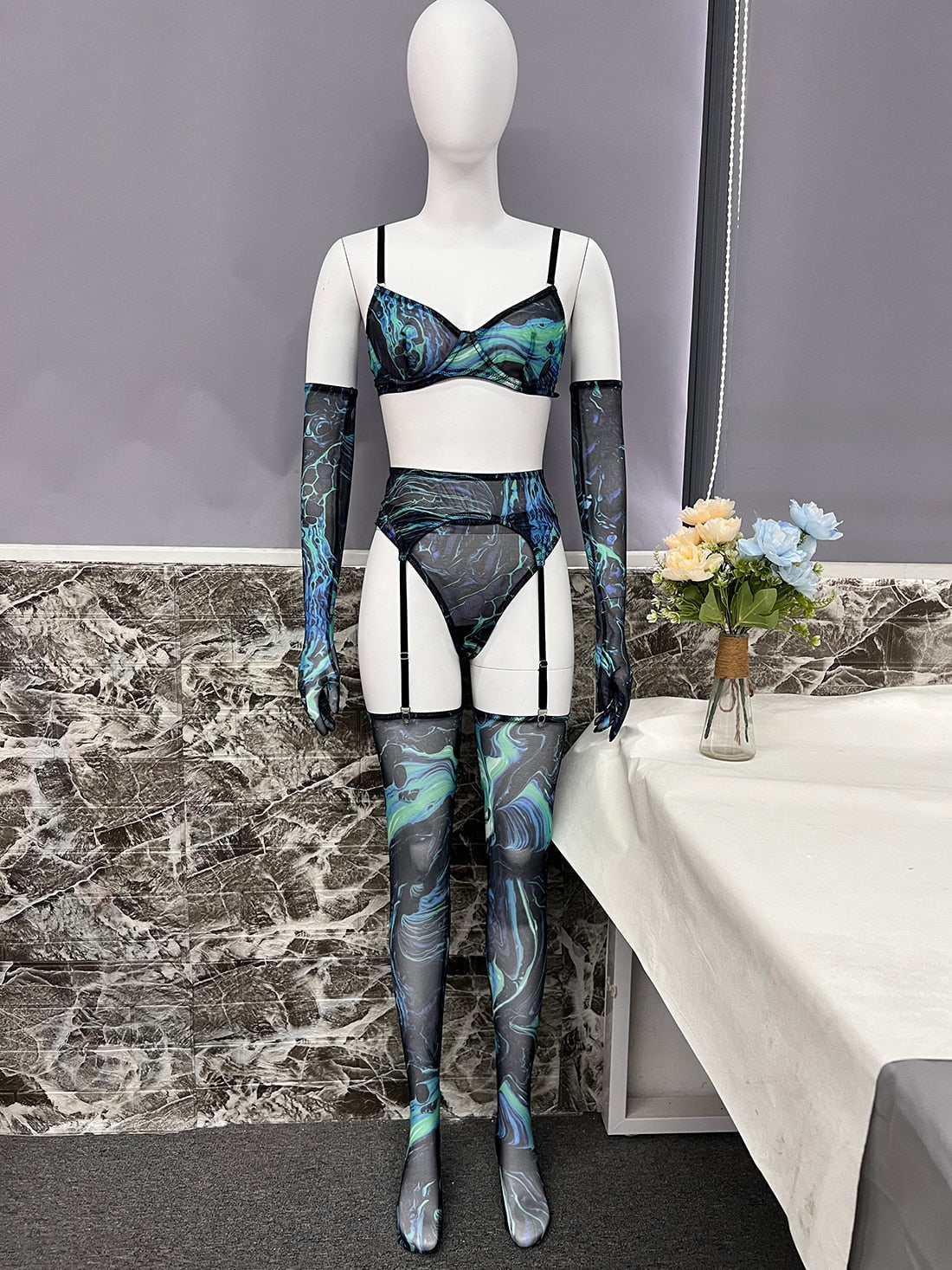 Lingerie teinture par nouage avec manches de bas, sous-vêtements fantaisie Sexy, 5 pièces, non censurée, intime, transparente, en maille, tenues sensuelles