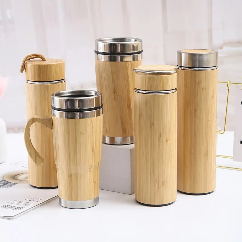 300ml-500ml Creative Bamboo Thermos Bottle Stainless Steel Water Bottles Vacuum Flask Portable Coffee Thermos Cup Customize Logo