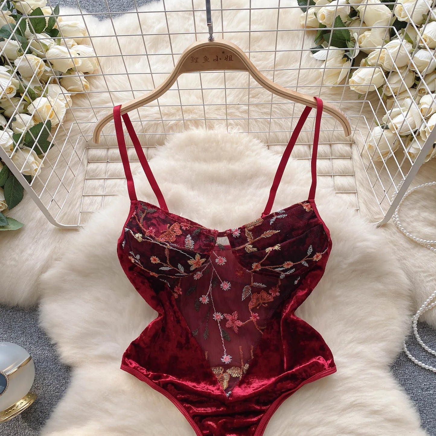 2023 Sheer  Sexy Bodysuit Splice Velvet Transparent Design Romper Fashion Embroidery Hollow Out Sensual Jumpsuit Wanita