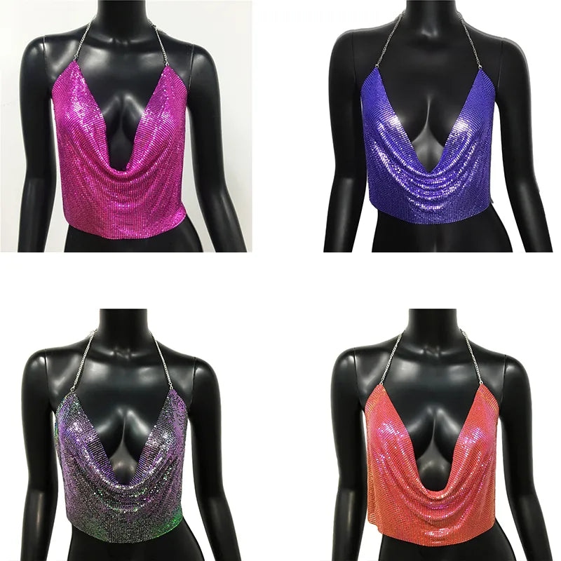 Y2K Tops Backless Party Crop Top Women Backless Corset Top 2023 Summer Sleeveless V-Neck Diamond Metal Sexy Night Club Tank Tops