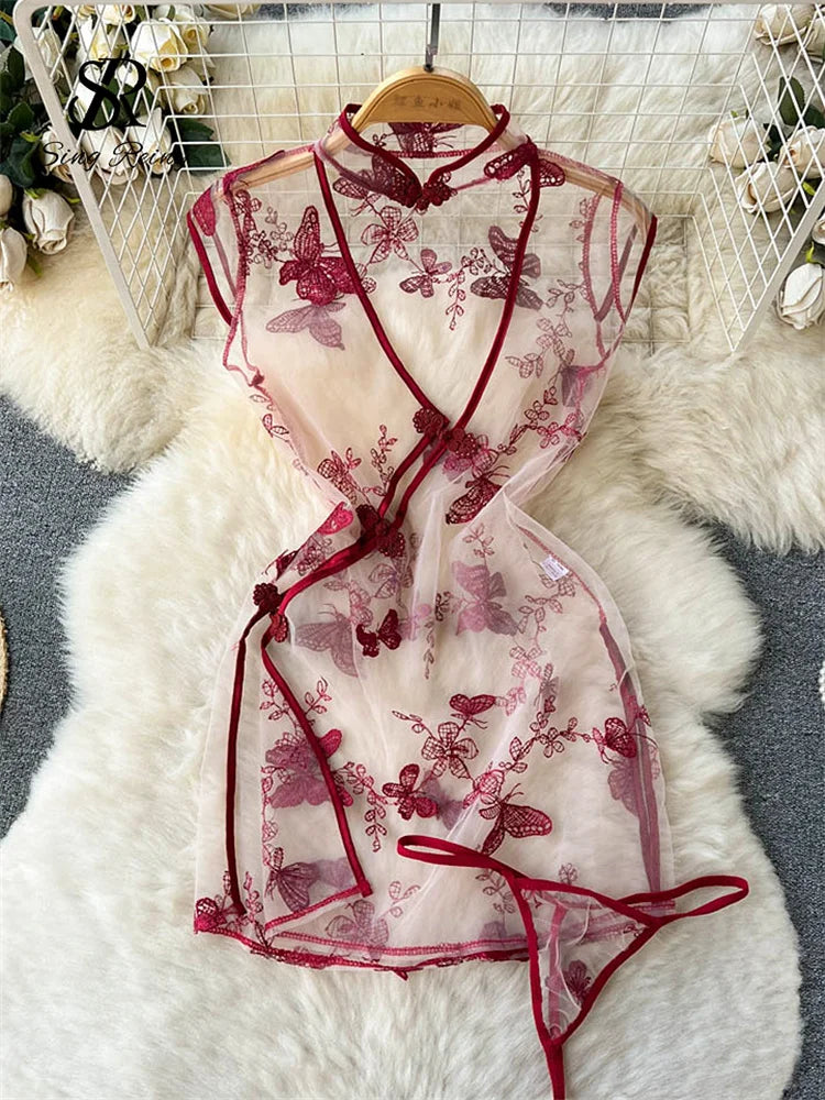 2023 Embroidery Sheer Bodycon Nightdress Women Floral Slim Split Sexy Dress+Thongs Chinese Vintgae  Nightwear Wanita