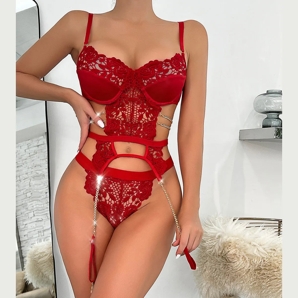 Wanita – Lingerie sensuelle avec chaîne, ensemble 2 pièces en dentelle ajourée et transparente pour femme, sous-vêtements de luxe fantaisie