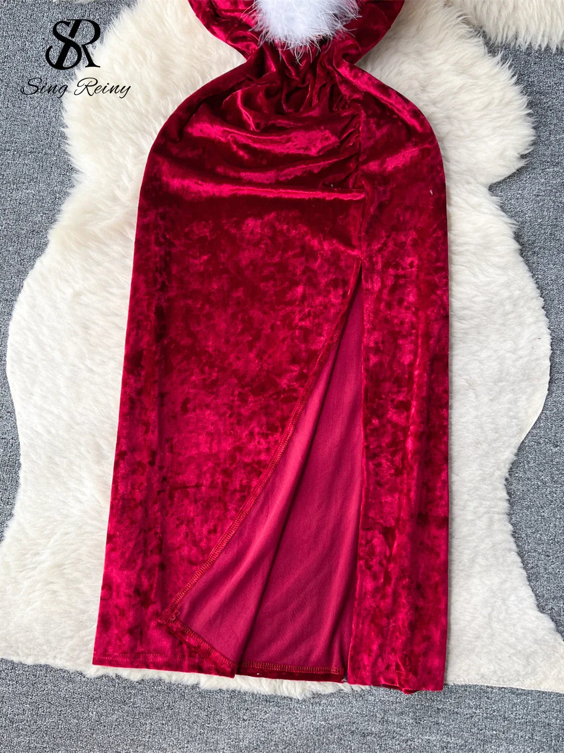 Wanita – robe longue de fête de noël, en velours, à bretelles, moelleuse, épaules dénudées, tenue de boîte de nuit, mode femmes, Sexy, fendue, 2023